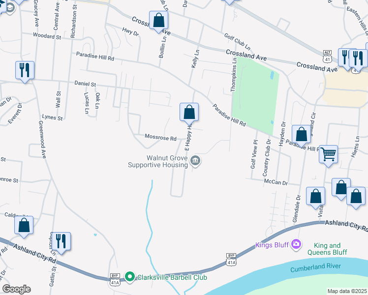 map of restaurants, bars, coffee shops, grocery stores, and more near 906 East Happy Hollow Drive in Clarksville