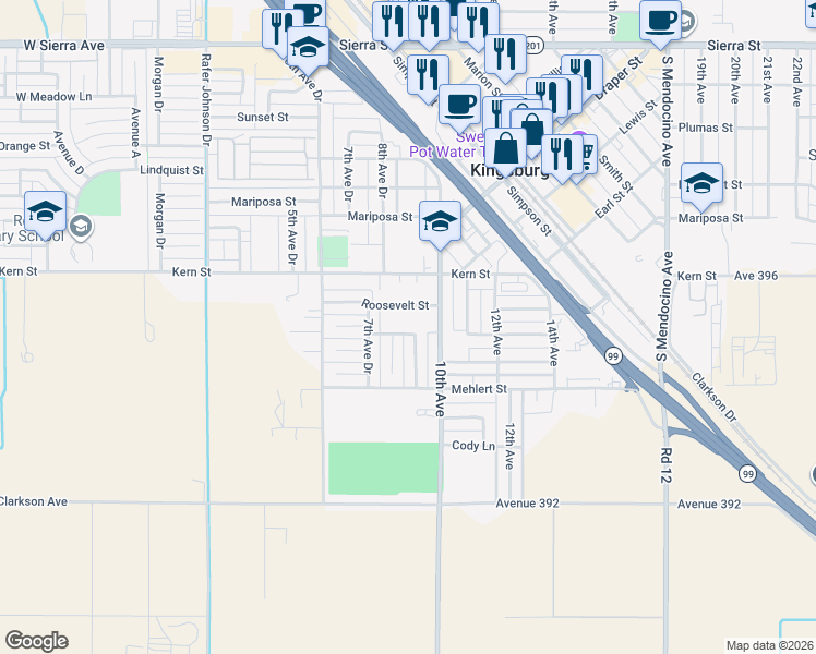 map of restaurants, bars, coffee shops, grocery stores, and more near 860 9th Avenue Drive in Kingsburg