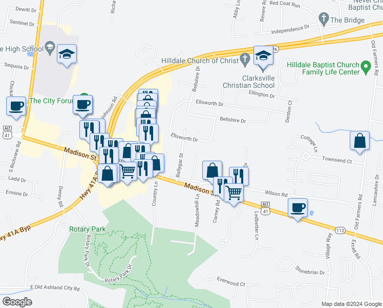 map of restaurants, bars, coffee shops, grocery stores, and more near 116 Coyote Court in Clarksville