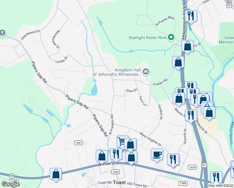 map of restaurants, bars, coffee shops, grocery stores, and more near 126 Carolina Circle in Mount Airy