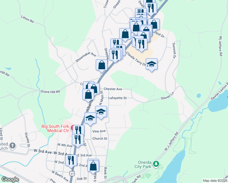 map of restaurants, bars, coffee shops, grocery stores, and more near 221 Lafayette Street in Oneida
