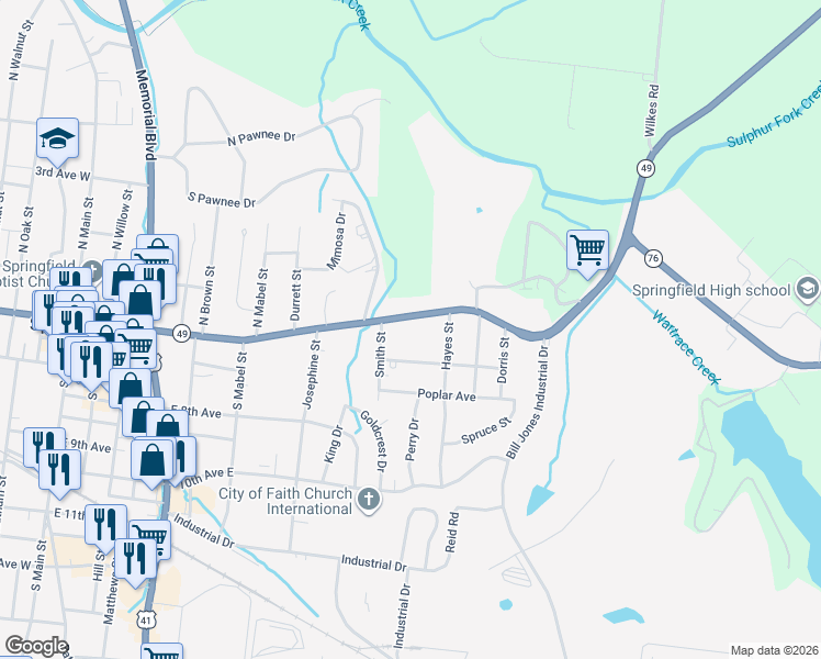 map of restaurants, bars, coffee shops, grocery stores, and more near 510 Smith Street in Springfield