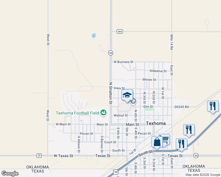 map of restaurants, bars, coffee shops, grocery stores, and more near 402 Oklahoma 95 in Texhoma
