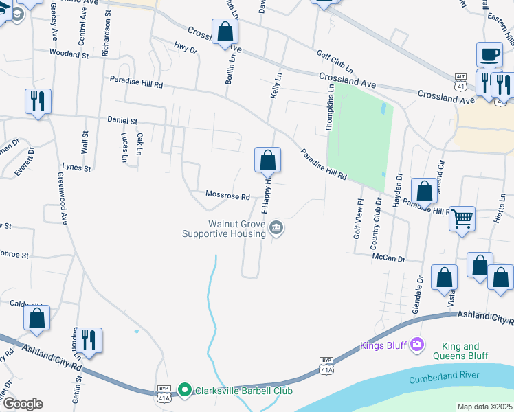 map of restaurants, bars, coffee shops, grocery stores, and more near 920 East Happy Hollow Drive in Clarksville