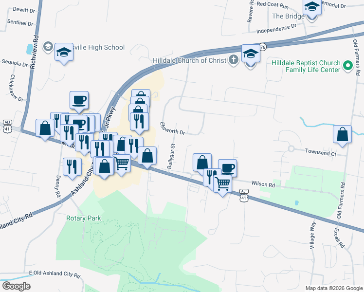 map of restaurants, bars, coffee shops, grocery stores, and more near 124 Coyote Court in Clarksville