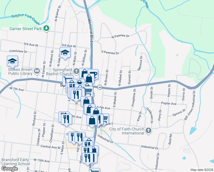 map of restaurants, bars, coffee shops, grocery stores, and more near 501 5th Avenue East in Springfield