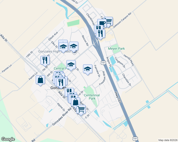 map of restaurants, bars, coffee shops, grocery stores, and more near 220 Elko Street in Gonzales
