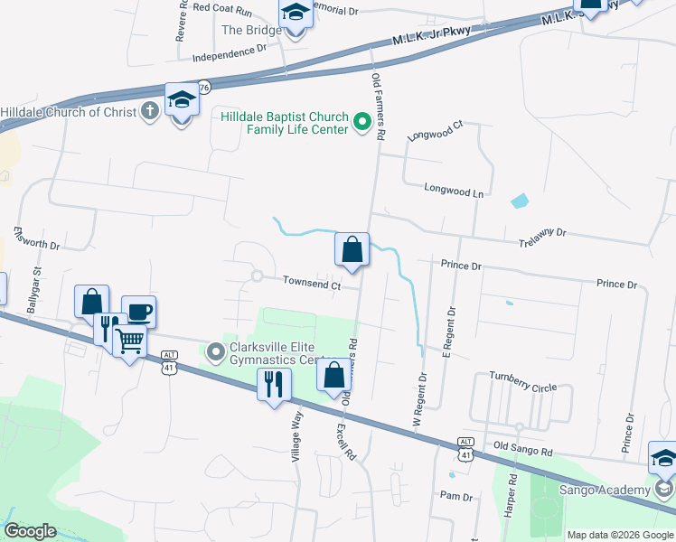 map of restaurants, bars, coffee shops, grocery stores, and more near 2699 Townsend Court in Clarksville