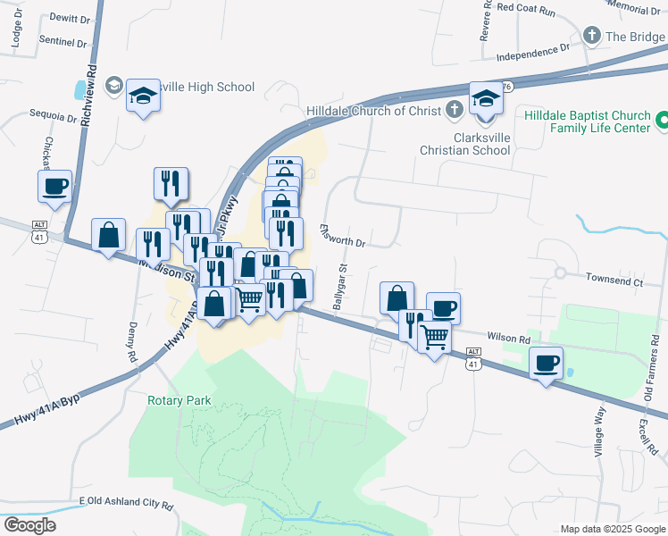 map of restaurants, bars, coffee shops, grocery stores, and more near 116 Ballygar Street in Clarksville