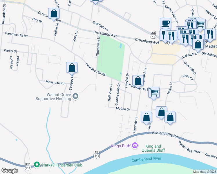 map of restaurants, bars, coffee shops, grocery stores, and more near 812 Golf View Place in Clarksville