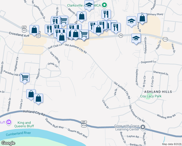 map of restaurants, bars, coffee shops, grocery stores, and more near 421 Martha Lane in Clarksville