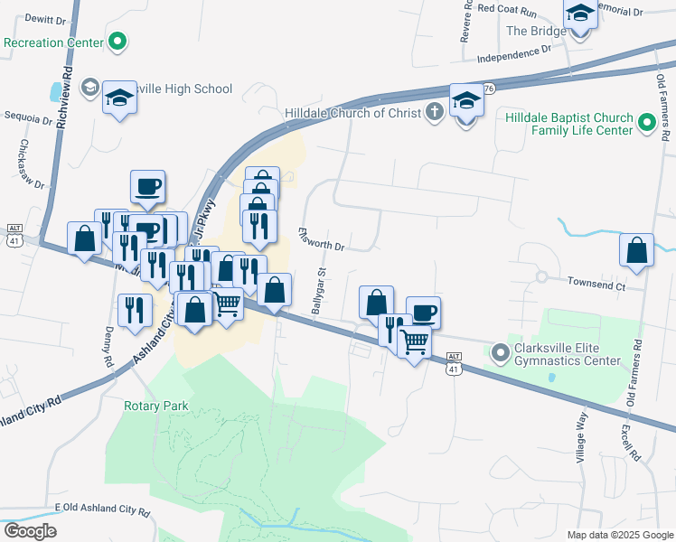 map of restaurants, bars, coffee shops, grocery stores, and more near 124 Coyote Court in Clarksville