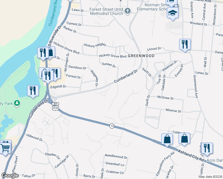map of restaurants, bars, coffee shops, grocery stores, and more near 1210 Beverly Hills Drive in Clarksville