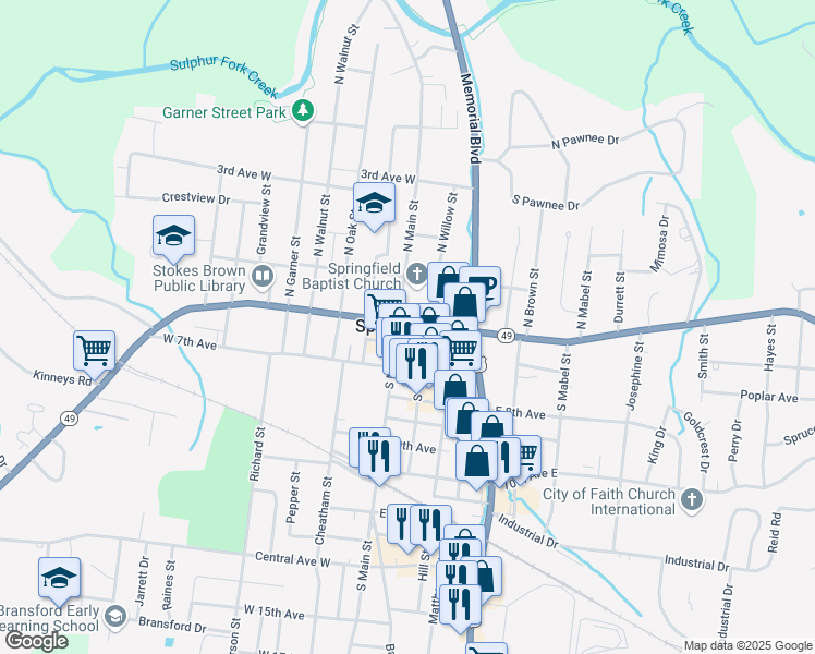 map of restaurants, bars, coffee shops, grocery stores, and more near 500 South Main Street in Springfield