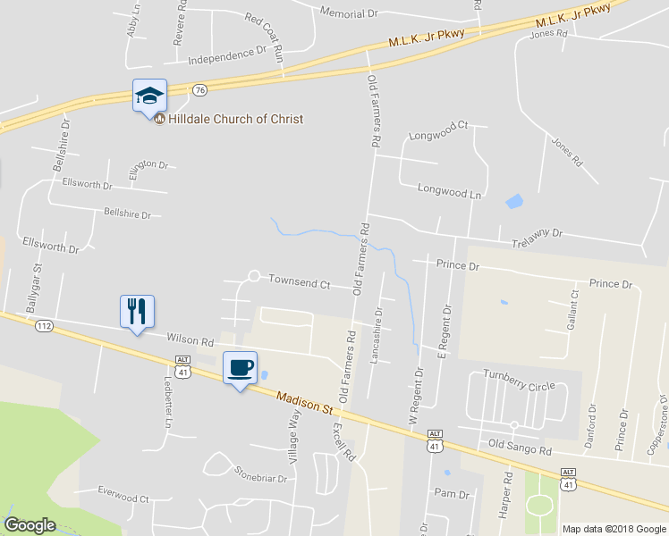 map of restaurants, bars, coffee shops, grocery stores, and more near 2699 Townsend Court in Clarksville