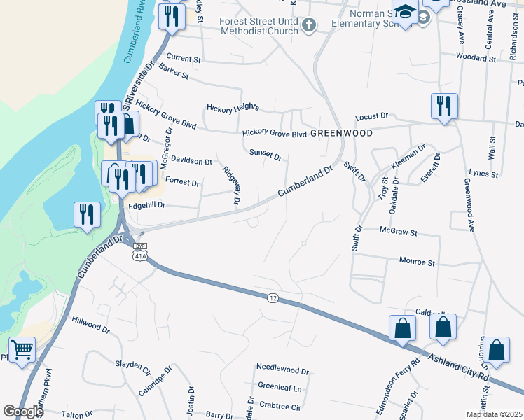 map of restaurants, bars, coffee shops, grocery stores, and more near 1003 Orchard Hills Drive in Clarksville