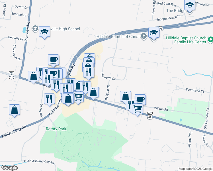 map of restaurants, bars, coffee shops, grocery stores, and more near 124 Ballygar Street in Clarksville