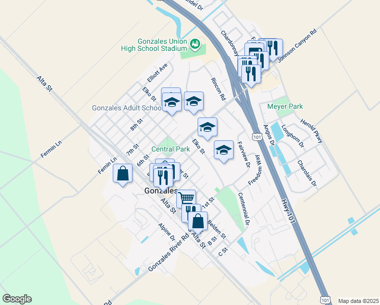 map of restaurants, bars, coffee shops, grocery stores, and more near 301 4th Street in Gonzales