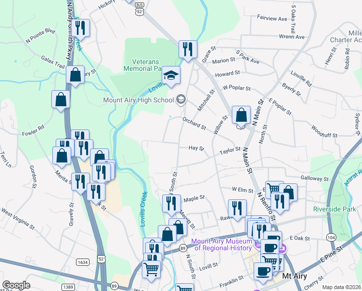 map of restaurants, bars, coffee shops, grocery stores, and more near 921 North South Street in Mount Airy
