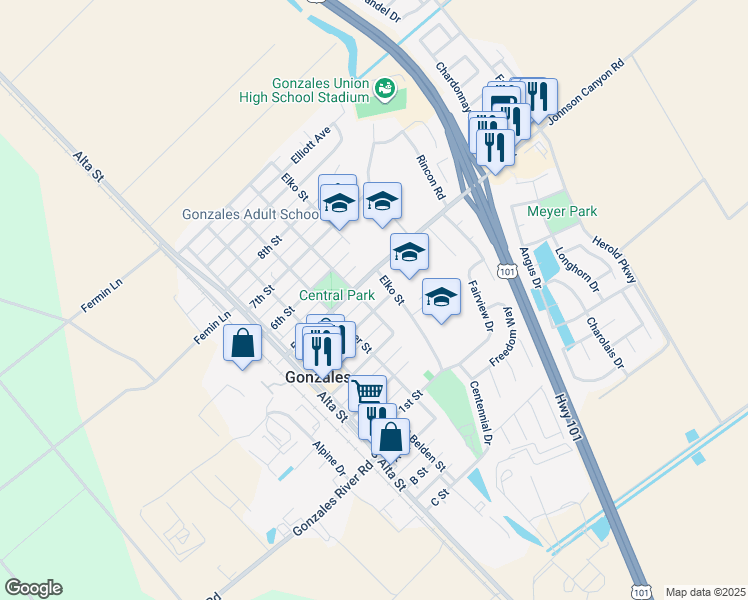 map of restaurants, bars, coffee shops, grocery stores, and more near 301 4th Street in Gonzales