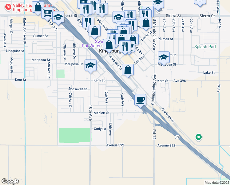 map of restaurants, bars, coffee shops, grocery stores, and more near 1361 Roosevelt Street in Kingsburg