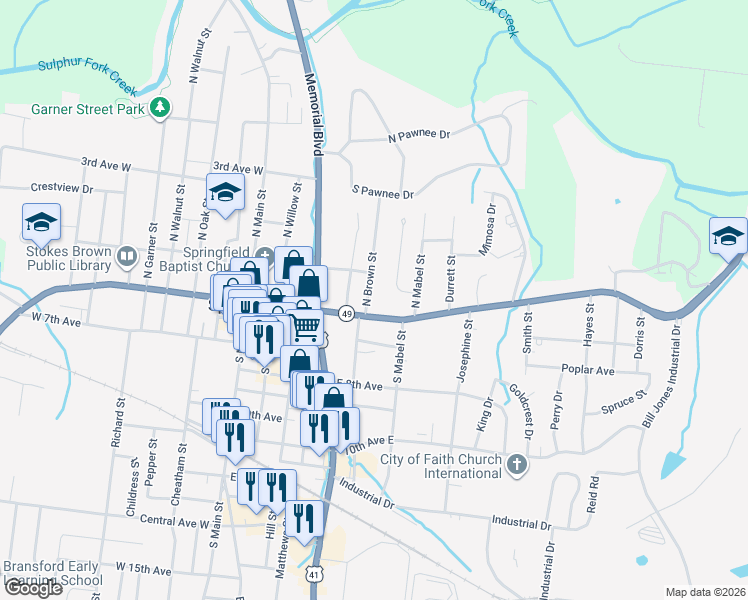 map of restaurants, bars, coffee shops, grocery stores, and more near 403 North Brown Street in Springfield