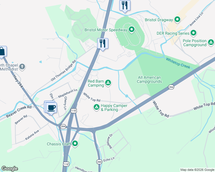 map of restaurants, bars, coffee shops, grocery stores, and more near 191 White Top Road in Bluff City