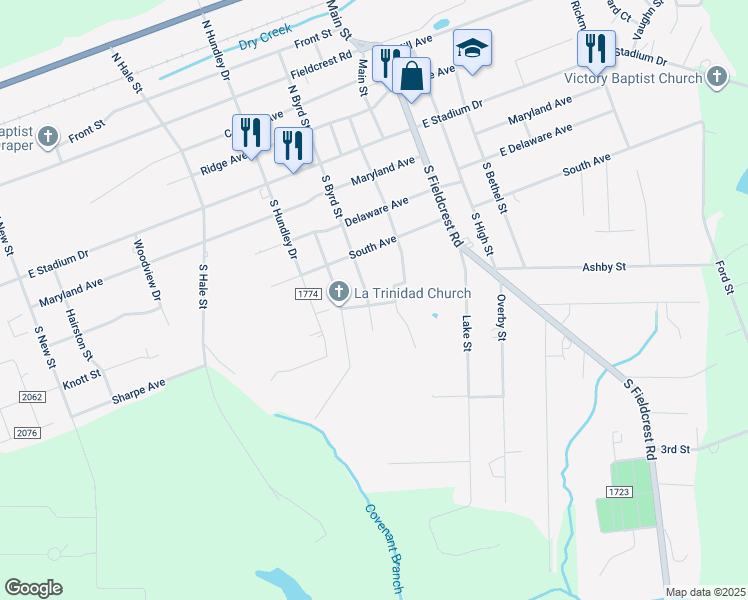 map of restaurants, bars, coffee shops, grocery stores, and more near 322 South Byrd Street in Eden
