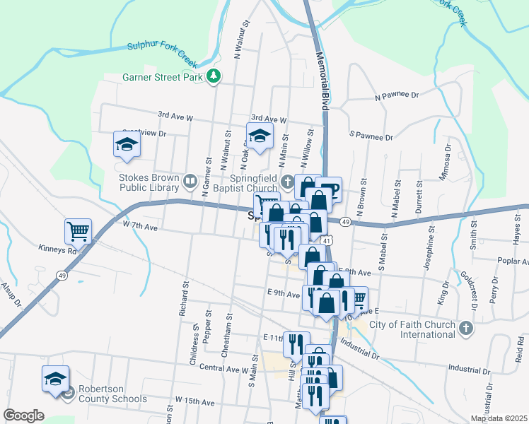 map of restaurants, bars, coffee shops, grocery stores, and more near Tennessee 49 in Springfield