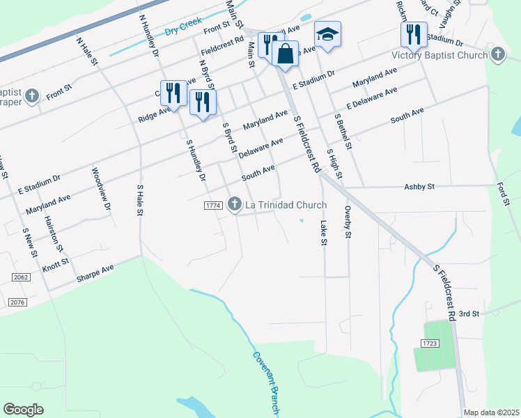 map of restaurants, bars, coffee shops, grocery stores, and more near 322 South Byrd Street in Eden
