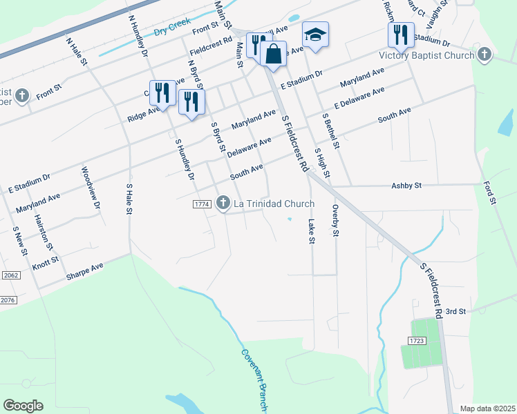 map of restaurants, bars, coffee shops, grocery stores, and more near 331 South Center Street in Eden