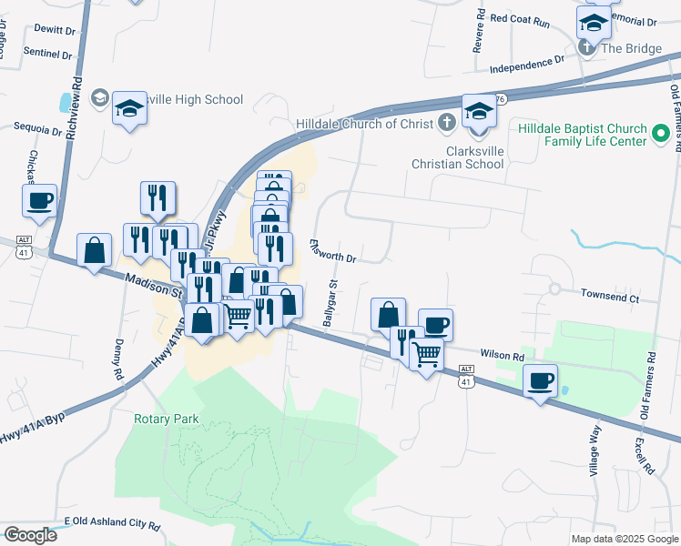 map of restaurants, bars, coffee shops, grocery stores, and more near 131 Ballygar Street in Clarksville