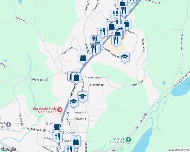 map of restaurants, bars, coffee shops, grocery stores, and more near 205 Chester Avenue in Oneida