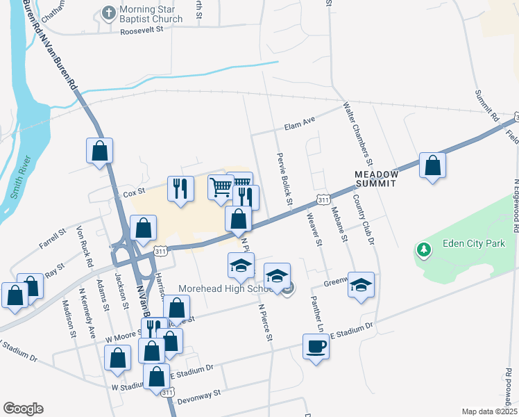 map of restaurants, bars, coffee shops, grocery stores, and more near 317 Johnsie and Billie Harris Street in Eden