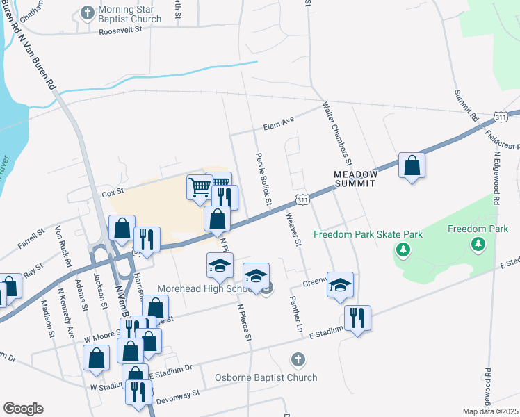 map of restaurants, bars, coffee shops, grocery stores, and more near 335 East Meadow Road in Eden