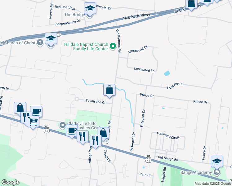 map of restaurants, bars, coffee shops, grocery stores, and more near 189 Old Farmers Road in Clarksville