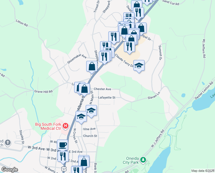 map of restaurants, bars, coffee shops, grocery stores, and more near 205 Chester Ave in Oneida