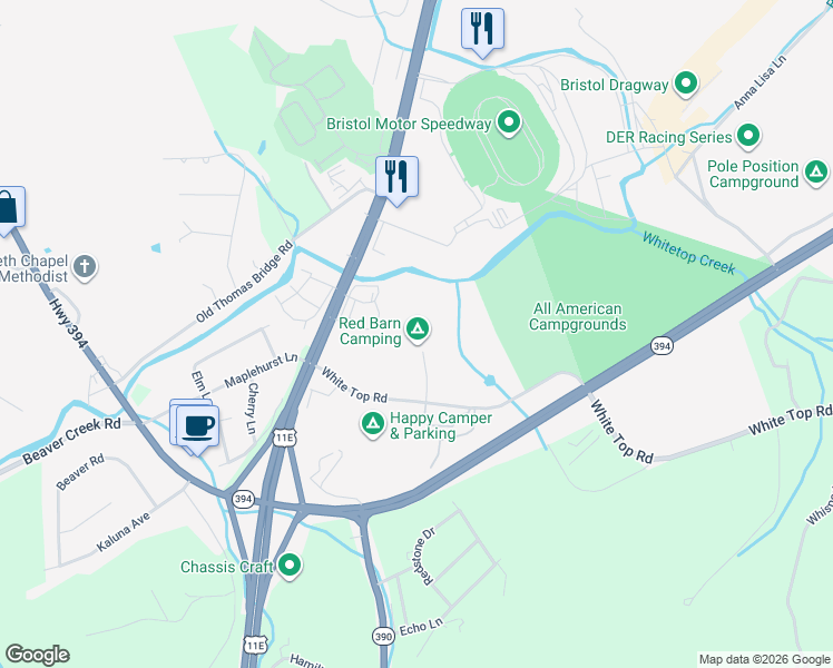 map of restaurants, bars, coffee shops, grocery stores, and more near 191 White Top Road in Bluff City