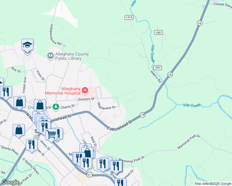 map of restaurants, bars, coffee shops, grocery stores, and more near 461 Doctors Street in Sparta