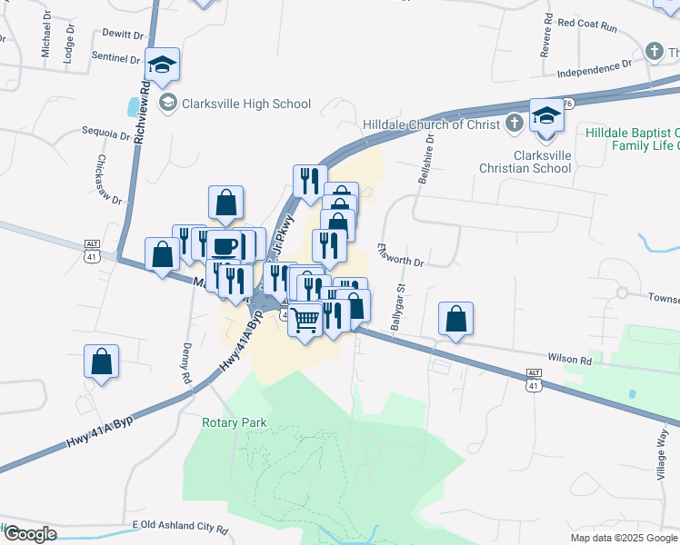 map of restaurants, bars, coffee shops, grocery stores, and more near 2315 Madison Street in Clarksville