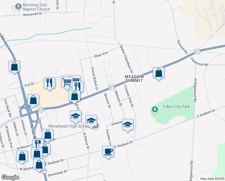 map of restaurants, bars, coffee shops, grocery stores, and more near 258 Mebane Street in Eden