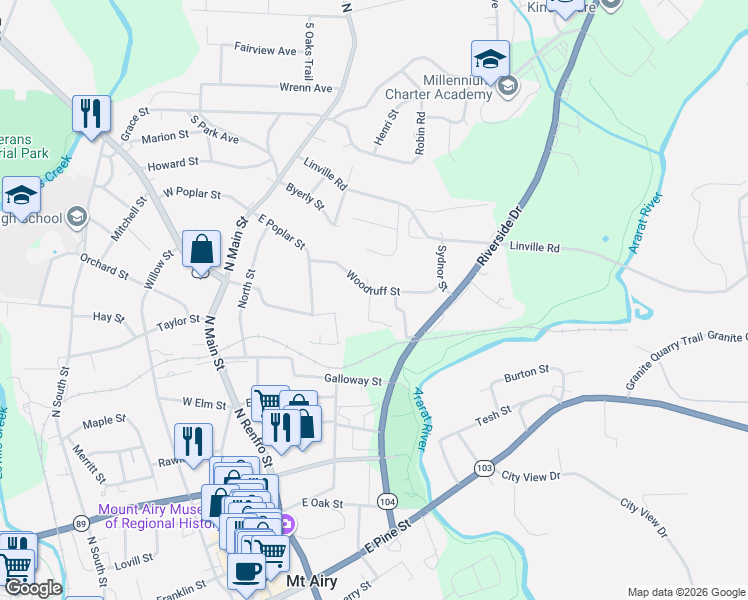 map of restaurants, bars, coffee shops, grocery stores, and more near 407 Woodruff Street in Mount Airy