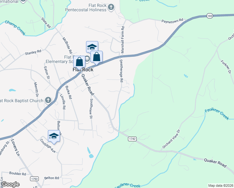 map of restaurants, bars, coffee shops, grocery stores, and more near 242 Deatherage Road in Mount Airy
