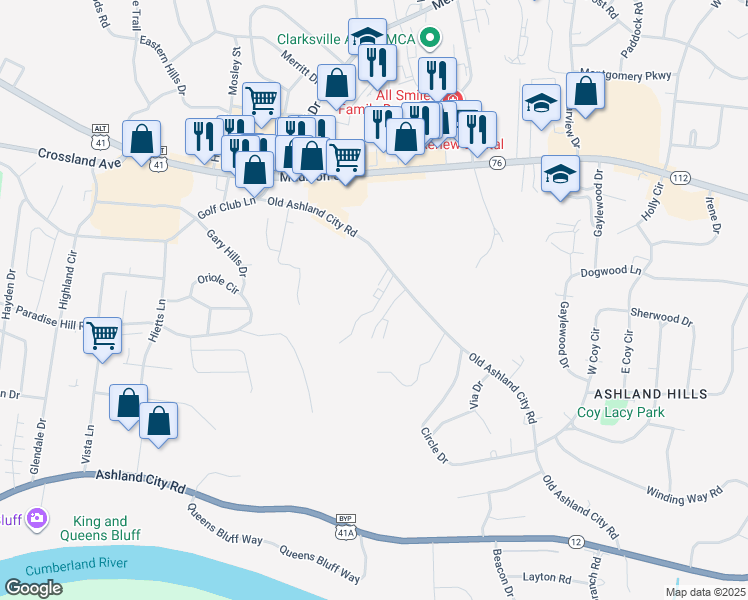 map of restaurants, bars, coffee shops, grocery stores, and more near 414 Martha Lane in Clarksville
