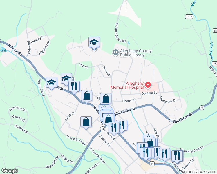 map of restaurants, bars, coffee shops, grocery stores, and more near 261 Grayson Street in Sparta