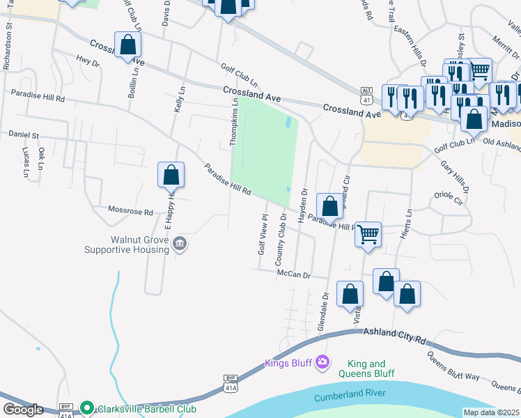 map of restaurants, bars, coffee shops, grocery stores, and more near 1434 Paradise Hill Road in Clarksville