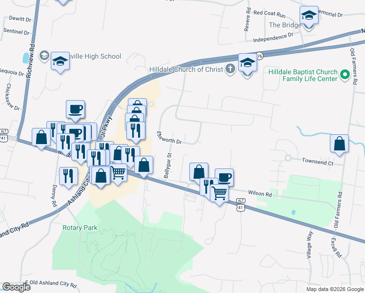 map of restaurants, bars, coffee shops, grocery stores, and more near 2359 Ellsworth Drive in Clarksville