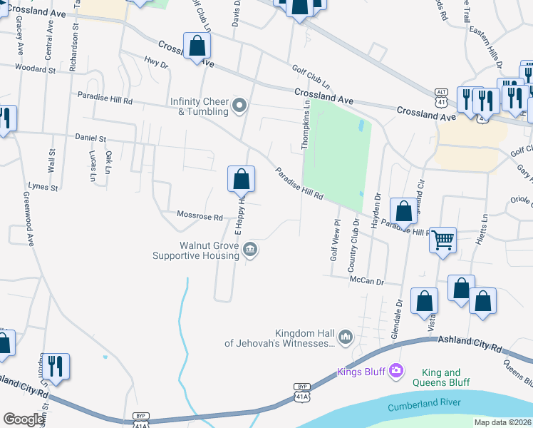 map of restaurants, bars, coffee shops, grocery stores, and more near 608 Hill Road in Clarksville