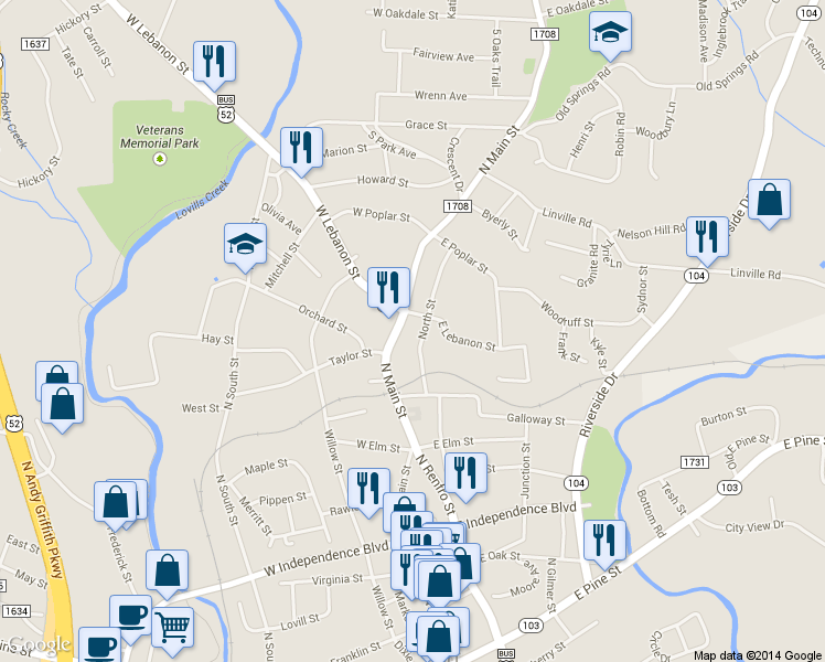 map of restaurants, bars, coffee shops, grocery stores, and more near 114 East Lebanon Street in Mount Airy