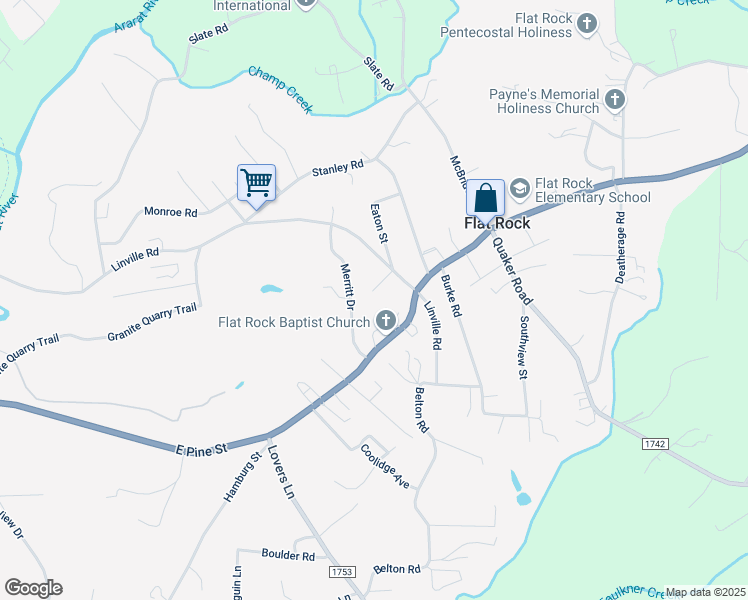 map of restaurants, bars, coffee shops, grocery stores, and more near 180 Merritt Drive in Mount Airy